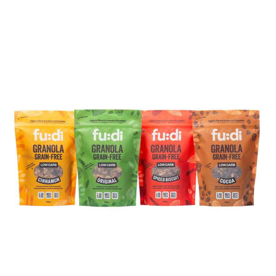 fu:di grain-free granola in original, cinnamon, cocoa and spiced biscuit